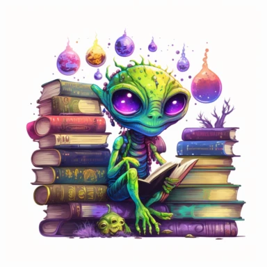 Boho style illustration, clipart, sublimation painting Alien works as a librarian. Bright colorful colors. White empty background, high quality 8k, high quality detail