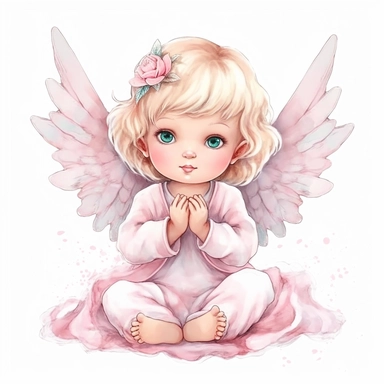 pink cute baby angel illustration clipart, detailed, black outline, white background, 4k, watercolor, digital art