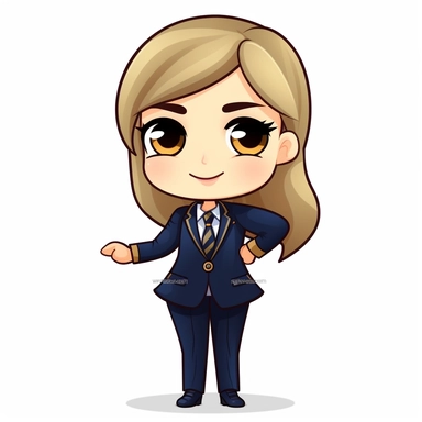 , a cute female banker named honey clipart with dark blue suit white background explaining hand gestures