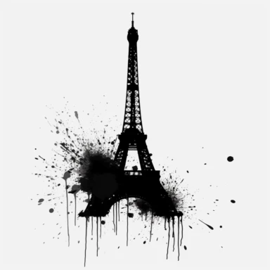 eiffel tower ink splatter on white background, clipart, sticker, minimalist, simple, black and white