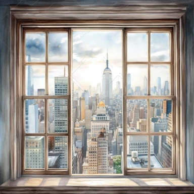 watercolor, hyper realistic, white background, white margins, 16k, ultra detailed clipart, cut out image, hand-drawn illustration style for picture books a window with a stunning view of the New York skyline in warm shades of blue and grey