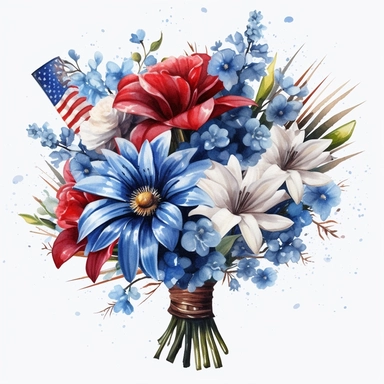 bouquet of flowers, in the style of fourth of july realistic and hyper-detailed watercolor painting, sketchfab, ahmed morsi, realistic watercolor paintings, use of common materials, handcrafted designs clipart red white and blue with white background