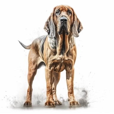 bloodhound in the style of digital airbrushingstanding realistic yet stylized, digitally enhanced, clipart, 32k uhd, detailed crosshatching white background