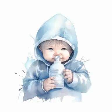 cute watercolor newborn soft blue baby holding baby bottle, watercolor effect, isolated white background, babyshower clipart, soft blue tones