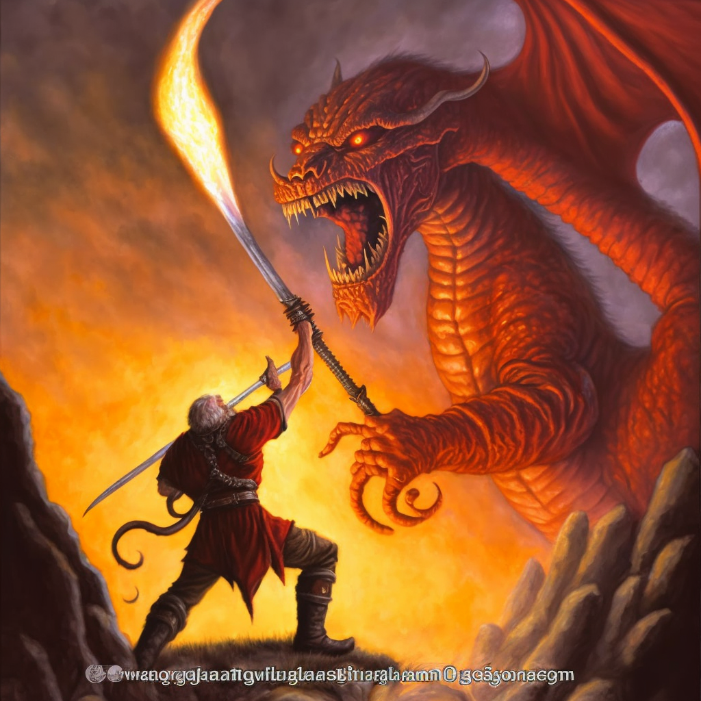 a red dragon attacking a man with a sword, computer graphics, by Jeff ...