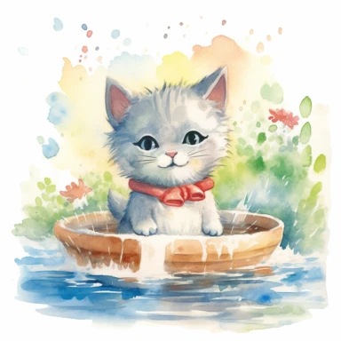watercolor illustration, smiling with an open mouth kitten with a towel over the kitten's head and enjoying a hot spring, surrounded by gentle steam rising from the onsen water, feeling the pleasant sensation. Small bubbles dance through its fur, creating a mysterious yet beautiful sight. The cat stretches out, gradually unwinding, as the warmth of the onsen melts away the tension in its muscles. It gracefully savors the serene atmosphere and the gentle touch of nature, embracing the tranquility