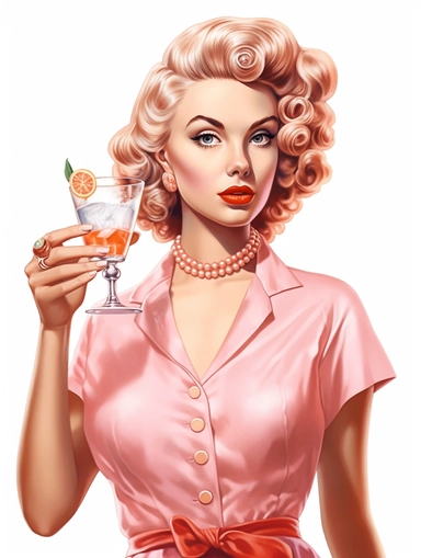portrait of a stunning housewife drinking cocktail against white background, in the style of vintage-inspired pin-ups, realistic figures, polka dot madness, pink and amber, against white background clipart png
