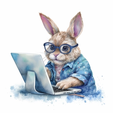watercolor clipart, cute funny bunny, in style programmer, working on a computer, With an intelligent look, funny and floppy ears, white background, no watermarks, suitable for printing