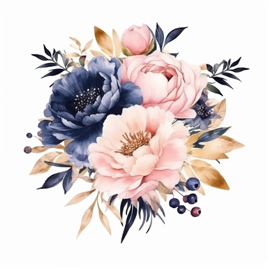 wedding floral clipart, watercolor, pink and golden and navy blue colors, pink and white peonies, isolated on blush pink