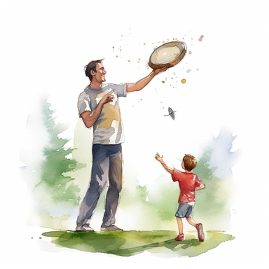 Father and child playing catch or throwing a frisbee, water color style, clipart, white background