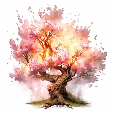 cherry blossom banana oak tree, oak white fire flame, light, golden sun, mighty flowers, pristine, sparkling, white flame, fire light mega epic flowers of epicness, cool and spiky, owning everything, floral art, no background, beautiful, no text, clipart, watercolor
