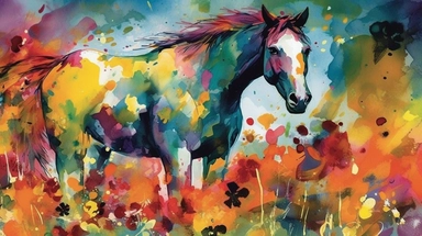 A vibrant watercolor of a single horse rendered as a digital clipart, drawing inspiration from the bold, expressive blooms found in Emil Nolde's garden paintings, featuring a vivid color palette that captures the flowers' natural radiance, illuminated by bright, contrasting light that emphasizes the rich, saturated hues and dynamic brushwork, and composed using an organic, free-flowing layout that conveys a sense of movement and growth.