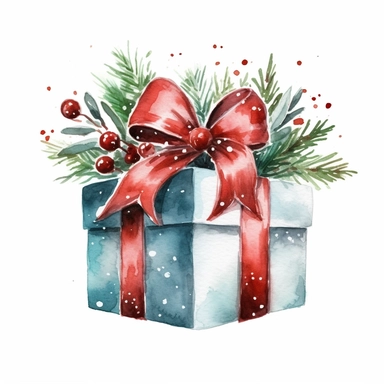 Christmas gift box watercolor illustration. Clipart element on white background
