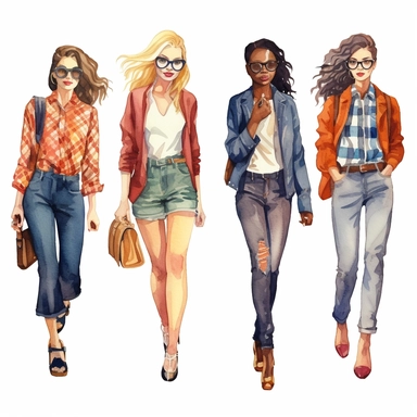 A collection of vibrant and diverse semi-casual fashion girls and lady bosses, depicted in high-quality watercolor illustrations and clipart, showcasing their confidence, style, and panache. The full-body images capture their mixed body shapes, accessorized with matching footwear, experimental hairstyles, and a variety of accessories such as hats, glasses, shades, and handbags. Each image features different poses, makeup styles, and expressions, highlighting their individuality. Against a white 