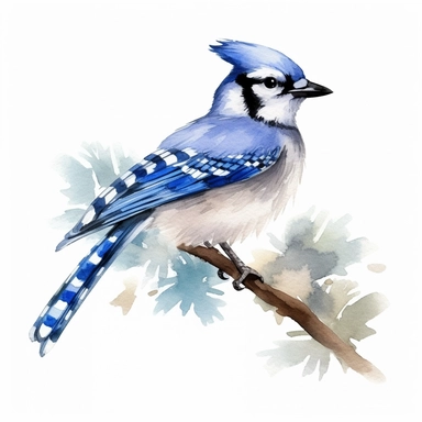 watercolor style, blue jay bird on a branch clipart, isolated on white background, 4K