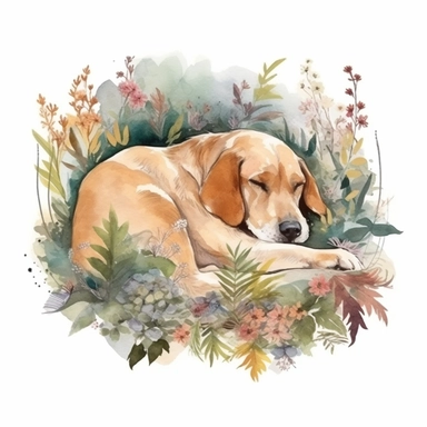 Lazy Dog Sleeping in garden over Flowers and Leaves ,Isolated,Watercolor Clipart