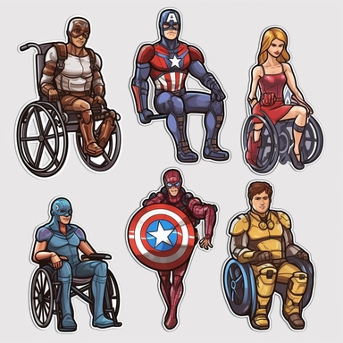 6 clipart elements, series of very hyperdetailed colorful stickers, cool people with disabilities, marvel style, superheros, each sticker with a clear white outline between each element, light grey background, realistic