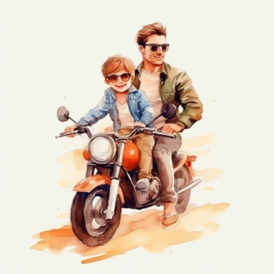 dad and son in the style of father's day high quality printanle clipart, on the motorbike, cute, happy, watercolor style, easy to use transparent png, clipart, lovely, love, dad & son relationship, cute