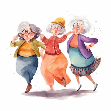 watercolor, clipart, cartoon style, funny old ladies dancing