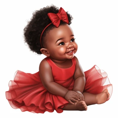 newborn black infant baby girl in a red tutu dress, sideview, smiling, soft illustration, clipart