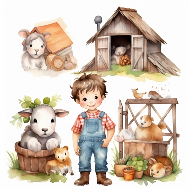 watercolor farm cute boy clipart white background