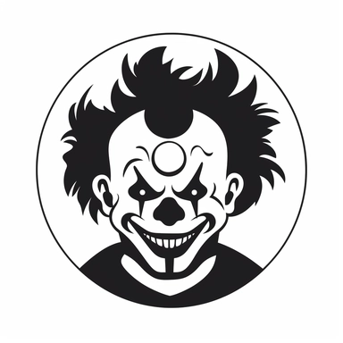 black and white silhouette of a halloween clown logo, clipart style, white background, thick lines, vector, simple design, flat colour, solid colour, halloweencore
