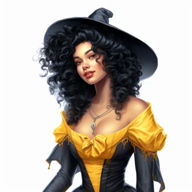 beautiful black victorian witch with curly black hair wearing a pointed witch hat, looking left, victorian hairstyle, victorian witch hat, Victorian era clothing, beatiful smile, realistic inverted portrait white background, high quality, hyper-realistic, witch Clipart,yellow dress