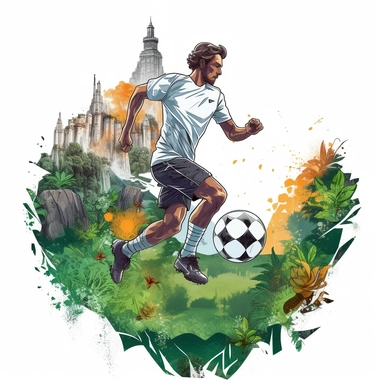 white background, football player with ball on foot, closeup, sticker, artwork of t shirt graphic of majestic forest, in digital painting style , beautiful flowers, sunset mountains and clouds , big vines, stone temple covered in vines , plants surround, highly detailed clean, vector image, photorealistic masterpiece, professional photography, realistic, flat white background, isometric, vibrant vector, clipart, illustration, realism, 4k, , cinematic, front view, paradise, extremely white backgr