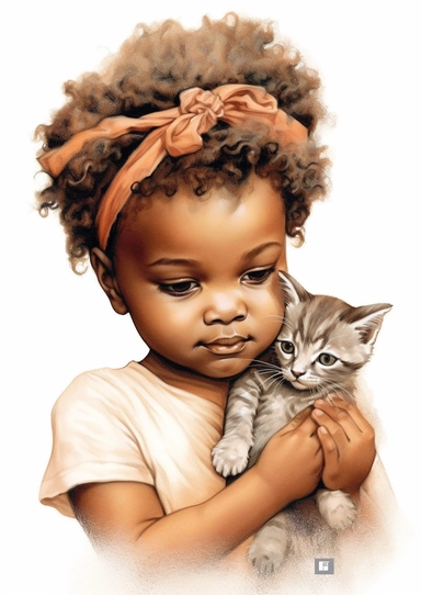 a cute retro vintage African infant baby girl with a kitten . Color pencil sketch, soft baby colors, on a white background for clipart.