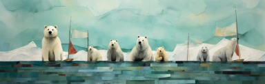 a row of cute miniature polar bear cubs, a collage of mixed media art made with tissue paper, magazine and newspaper clippings, oil paint, graphite pencil lines and fabric, in the style of playful surrealism, whimsical, washi tape