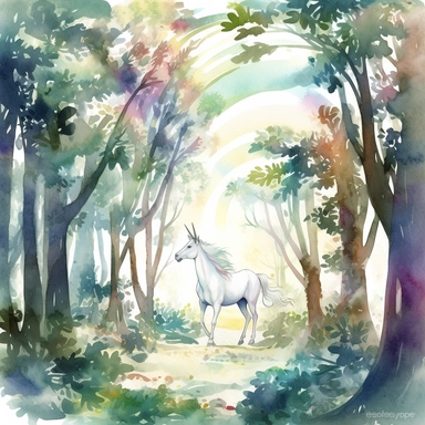 watercolor clipart of a unicorn trotting through an enchanting forest, surrounded by lush trees, blooming flowers, and rays of sunlight filtering through the foliage, Capture the sense of magic and adventure, high resolution, white background--ar3.2--s1000
