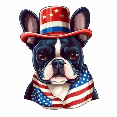 sticker, background american flag, french bulldog, full body, in style Independence Day in usa, hat with an american flag, clipart