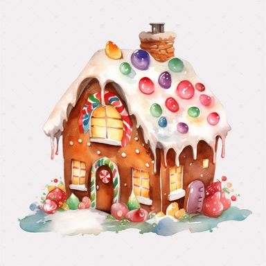 Watercolor, clipart, Gingerbread House with colorful icing and candy decorations, on white background, space out ar 3:2