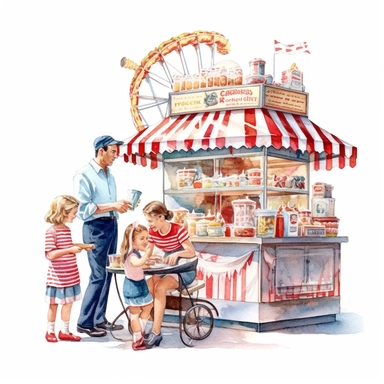 A family enjoying a day at a vintage amusement park, riding a wooden roller coaster, playing carnival games, and indulging in sweet treats from a vintage-inspired candy cart, clipart, watercolor, white background, american style, extremely-detailed, high quality