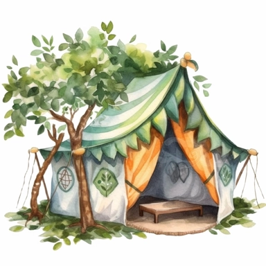 imagine adorable watercolor camping tent, handpaint, cartoon style, clipart, white background,