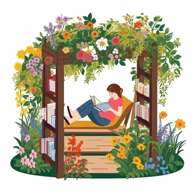 clipart image portraying a person reading in a lush garden filled with blooming flowers and crawling vines. Design a cozy reading nook amidst the greenery, complete with a wooden bench or a hammock, surrounded by bookshelves filled with colorful books, isolated on white background