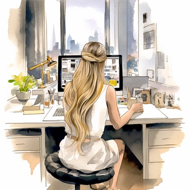 watercolor clipart of detailed high fashion campaign image, female model, long blonde hair, beautiful, she is sketching architectural drawings in an office place, you cant see her face its shot from the back of her, you can see the model from head to toe, the camera angle is wide shot
