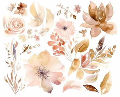 watercolor flower clip art for april, in the style of dreamlike composition, ethereal foliage, luxurious fabrics, pictorial dreams, beige, use of bright colors, poetic pastoral scenes
