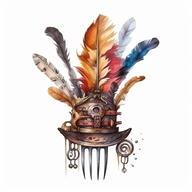 a steampunk style fork hat with watercolor effect,steampunk style gear wheels,steampunk style,unrealistic,suitable for digital cliparts , fantastic scene , high quality,fantastic scene,feathers