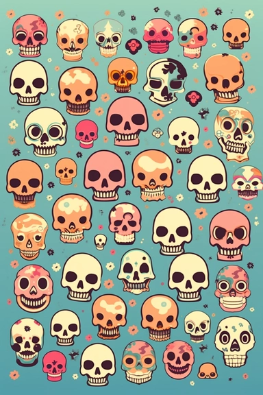 skulls vector clipart on light background, vector cute collection, in the style of #screenshotsaturday, light black pastel background, flat areas of color, flat color blocks, 1970–present, rough-edged 2d animation, lightbox, colorful animation stills, high quality clipart, front view