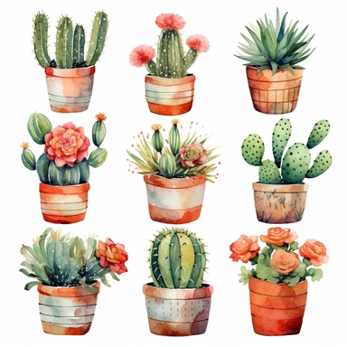 6 Watercolor cactus in a vase clipart, hd, isolated on white background, spaced out ar 3:2 s1000