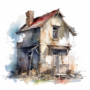 watercolour small broken and abandoned house, clipart on white background, no watermark, highly detailed, professional color gradation, clean sharpness
