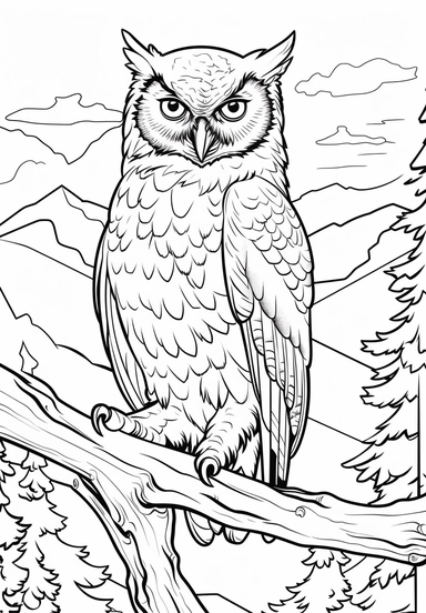 simple and easy coloring page design, coloring page for kids, owl in Yellowstone National Park, Wyoming, USA , cartoon character silhouette illustration cliparts image, high resolution, #screenshotsaturday, whimsical children's book illustrator,