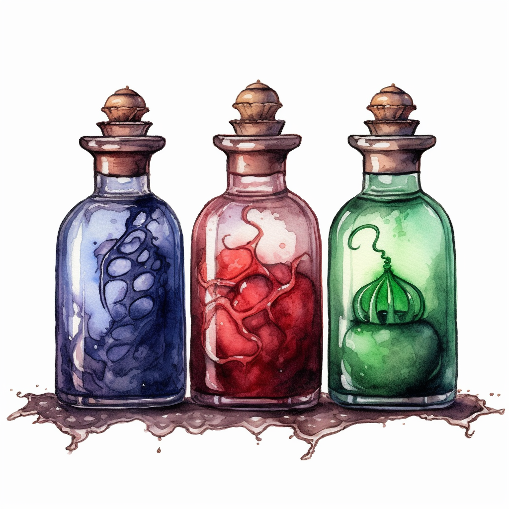 3 witch potion bottles lined up, watercolor, clipart, white background ...