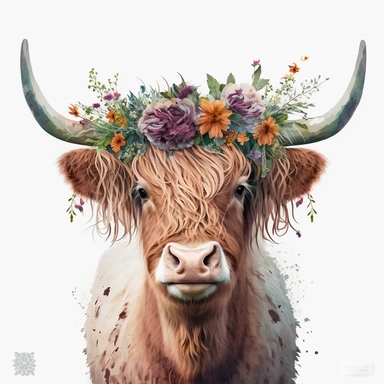 An enchanting UHD clipart depiction of a Highland Cow donning a splendid flower crown, set against a clean white background that accentuates the intricate patterns on the crown and the textures of the cow's shaggy coat, Clipart, digital design, carefully created with attention to detail, allowing for a 4K ultra-high definition image that is both vibrant and captivating,