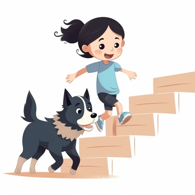 toddler white girl with black hair and blue shirt running down the stairs outside with canaan dog clipart style