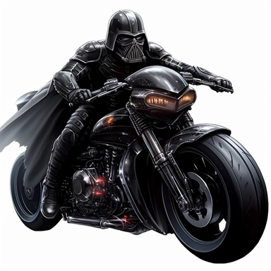 a realistic clipart, darth vader on his futuristic sports motorcycle
