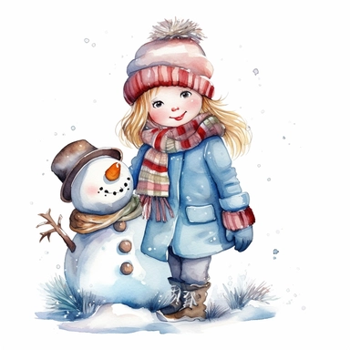 a happy little cute girl in a five-year-old, snowman, winter, style by Lusy Fleming, folk art, watercolor, clipart elements, smooth gradients, black contour outline, ultra detailed, white background, super clear, high quality