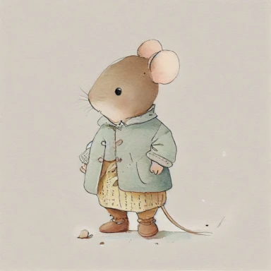 cute children's book illustration of a vintage mouse wearing clothes, smooth watercolor details, in the style of Pixar, soft colors, outline, nursery art, popular on pinterest, clipart, trending on artstation, minimalist, watercolor illustration clipart, watercolour clipart, watercolor illlustration for kids and children, book illustration, flat design, white solid background