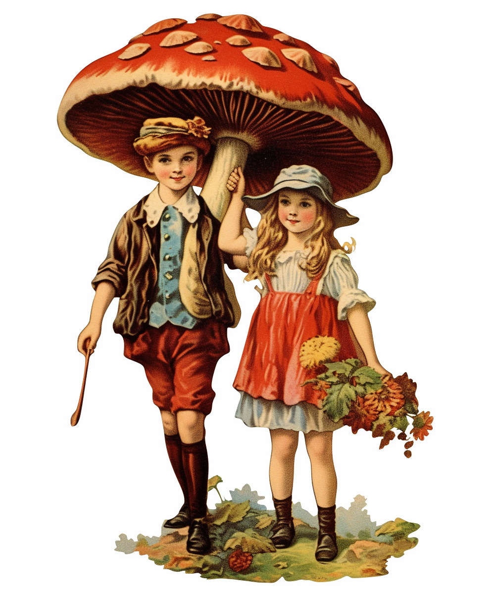 Vintage 1920 Victorian boy and girl carrying a large mushroom ...